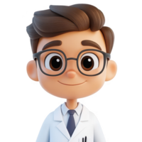 A cheerful cartoon character in a lab coat, representing a friendly scientist. png