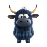 A cute cartoonish blue highland cow character with big eyes and a friendly smile. png
