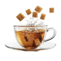 A cup of tea with sugar cubes splashing into it, creating a delightful view. png