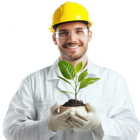 A happy man in a helmet holds a young plant, symbolizing growth and sustainability. png