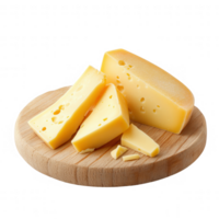 A selection of delicious yellow cheese pieces on a wooden board. png