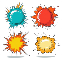 A collection of vibrant comic-style explosion graphics in various colors and shapes. png