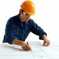 A construction worker drafting blueprints on a table in a professional setting. png