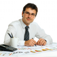 A focused businessman analyzing financial reports at his desk with tools. png