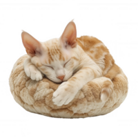 A sleepy cat curled up in a cozy round bed, showcasing peaceful feline relaxation. png