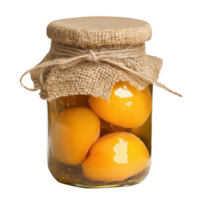 A jar filled with preserved egg yolks, showcasing vibrant yellow colors and rustic charm. png