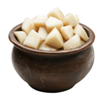A rustic clay pot filled with chunks of fresh cheese, adding charm to any kitchen. png