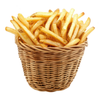 A delicious basket of crispy golden French fries ready to be enjoyed. png