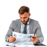 A focused businessman analyzing data charts and reports in a modern office environment. png