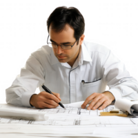 An architect designs and reviews blueprints in a modern office setting. png