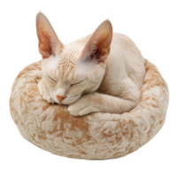 A serene cream-colored cat peacefully sleeping in a cozy round bed. png