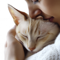 A loving embrace between a person and a sleeping cat, showcasing warmth and affection. png