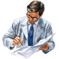 A scientist analyzing data while writing notes in a lab environment. png