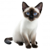 A playful Siamese cat with striking blue eyes, showcasing its distinct fur pattern. png