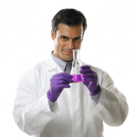 A scientist in a lab coat examines a colorful liquid in a beaker with a thoughtful expression. png