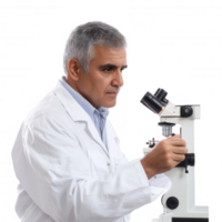 A scientist examines specimens under a microscope in a laboratory setting. png