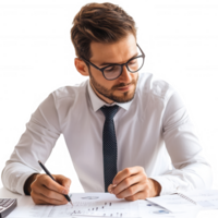 A focused professional analyzing data and working on financial reports at a desk. png