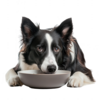 A curious dog resting its head on a bowl, showcasing a moment of hunger and affection. png