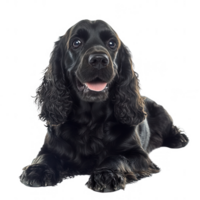 A cheerful black cocker spaniel dog lying down with a joyful expression. png