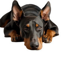 A focused Doberman resting calmly on the ground, showcasing its sleek fur and alert expression. png