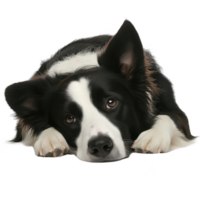 A close-up of a resting black and white dog with a thoughtful expression. png