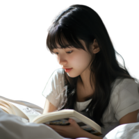 A serene moment of a young woman reading a book in a cozy indoor setting. png