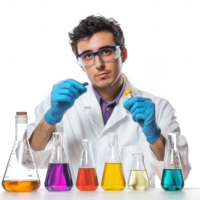 een wetenschapper dirigeren experimenten met kleurrijk vloeistoffen in laboratorium glaswerk. png