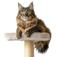 A majestic cat resting gracefully on a plush cat tree with alert expression. png