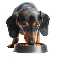 A curious dachshund eagerly eating from a bowl, showcasing its playful spirit. png