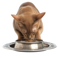 A curious cat eating from a metallic bowl, showcasing its unique features and colors. png