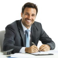 A confident businessman smiling at the desk while writing notes in a notebook. png