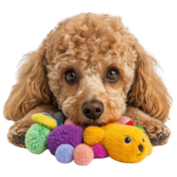 A playful dog resting on colorful toys with big expressive eyes and soft fur. png