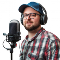A man wearing headphones and a cap speaks into a microphone, creating audio content. png