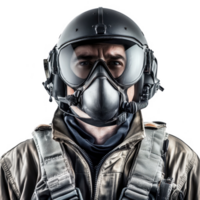 A determined fighter pilot ready for action in advanced flight gear and helmet. png