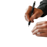 Hands writing important notes with a pen on a table in a professional setting. png