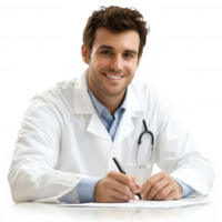 A smiling doctor in a white coat signing documents in a medical setting. png