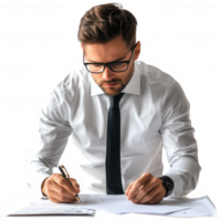 Focused businessman analyzing documents and making notes in a professional setting. png
