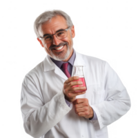 Cheerful scientist holding a flask with a colorful liquid and smiling confidently. png