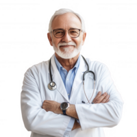 Smiling senior doctor in a white coat with a stethoscope, exuding confidence and warmth. png