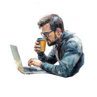 A young man enjoying coffee while working on his laptop in a modern setting. png