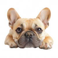 Adorable French Bulldog with expressive eyes and large ears, lying on a comfortable surface. png