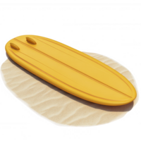 A vibrant yellow surfboard resting on soft sand, inviting adventures and ocean waves. png