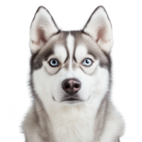 Close-up of a majestic Siberian Husky with striking blue eyes and a fluffy coat. png
