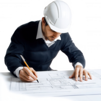 An architect meticulously designing blueprints with focus and precision. png