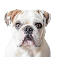 Close-up portrait of a charming bulldog with expressive eyes, showcasing its unique features. png