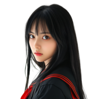 A young woman in a school uniform gazes thoughtfully towards the camera. png