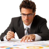 Focused businessman analyzing data charts and documents in a professional setting. png