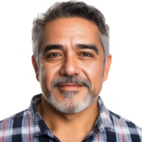 Smiling middle-aged man with a friendly expression, wearing a plaid shirt. png