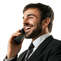 Smiling businessman talking on the phone in a professional setting. png