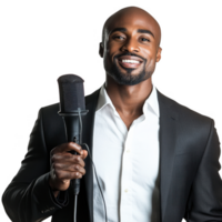 Confident man smiling while holding a microphone in a professional setting. png
